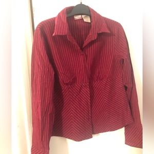 Junior, Medium, burgundy, long sleeved button down stretch, pin stripe shirt